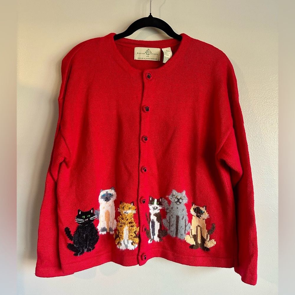 Vintage Cat Sweater XL Design Options by Philip & Jane Gordon Red Knit Cardigan